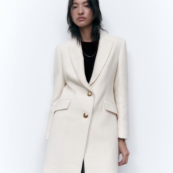 Zara Ecru Textured Coat Jacket With Golden Button - Picture 10 of 10